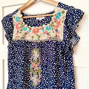 THML Navy Blouse with Floral Embroidery